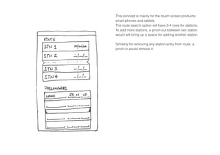 This concept is mainly for the touch screen products;
smart phones and tablets.
The route search option will have 3-4 rows for stations.
To add more stations, a pinch-out between two station
would will bring up a space for adding another station.
Similarly for removing any station entry from route, a
pinch-in would remove it.
 