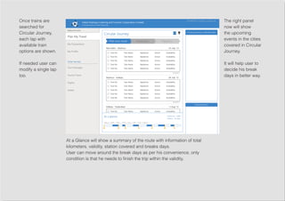 Once trains are
searched for
Circular Journey,
each lap with
available train
options are shown.
If needed user can
modify a single lap
too.
The right panel
now will show
the upcoming
events in the cities
covered in Circular
Journey.
It will help user to
decide his break
days in better way.
At a Glance will show a summary of the route with information of total
kilometers, validity, station covered and breaks days.
User can move around the break days as per his convenience, only
condition is that he needs to finish the trip within the validity.
 
