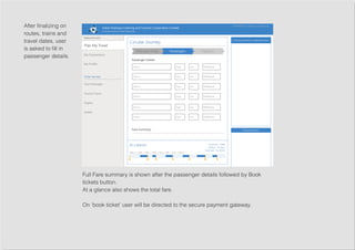 After finalizing on
routes, trains and
travel dates, user
is asked to fill in
passenger details.
Full Fare summary is shown after the passenger details followed by Book
tickets button.
At a glance also shows the total fare.
On ‘book ticket’ user will be directed to the secure payment gateway.
 