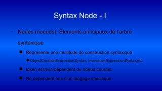 ◦ Nodes (noeuds): Élements principaux de l’arbre
syntaxique
 Représente une multitude de construction syntaxique
ObjectCreationExpressionSyntax, InvocationExpressionSyntax,etc
 token et trivia dépendent du noeud courant
 Ne dépendent pas d’un langage spécifique
Syntax Node - I
 