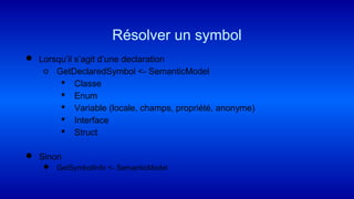  Lorsqu’il s’agit d’une declaration
o GetDeclaredSymbol <- SemanticModel
 Classe
 Enum
 Variable (locale, champs, propriété, anonyme)
 Interface
 Struct
 Sinon
 GetSymbolInfo <- SemanticModel
Résolver un symbol
 