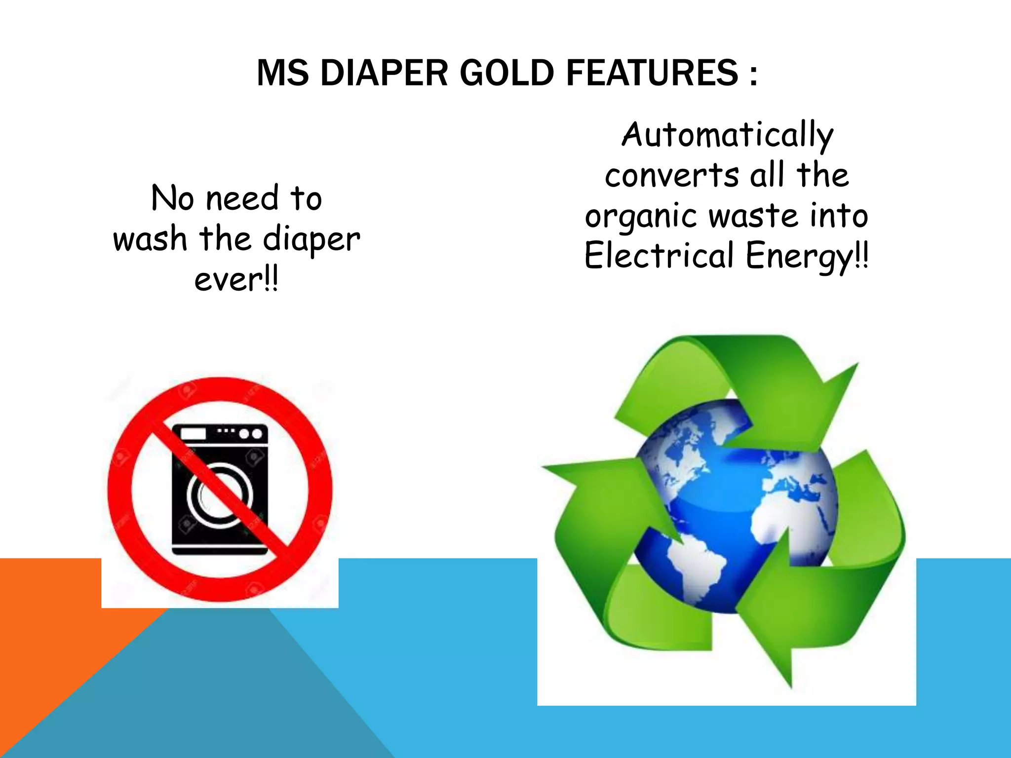 MS DIAPER GOLD FEATURES :
No need to
wash the diaper
ever!!
Automatically
converts all the
organic waste into
Electrical Energy!!
 