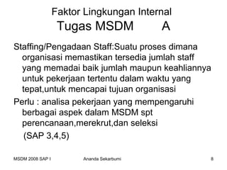 Faktor Lingkungan Internal
                   Tugas MSDM              A
Staffing/Pengadaan Staff:Suatu proses dimana
  organisasi memastikan tersedia jumlah staff
  yang memadai baik jumlah maupun keahliannya
  untuk pekerjaan tertentu dalam waktu yang
  tepat,untuk mencapai tujuan organisasi
Perlu : analisa pekerjaan yang mempengaruhi
  berbagai aspek dalam MSDM spt
  perencanaan,merekrut,dan seleksi
   (SAP 3,4,5)

MSDM 2008 SAP I         Ananda Sekarbumi       8
 