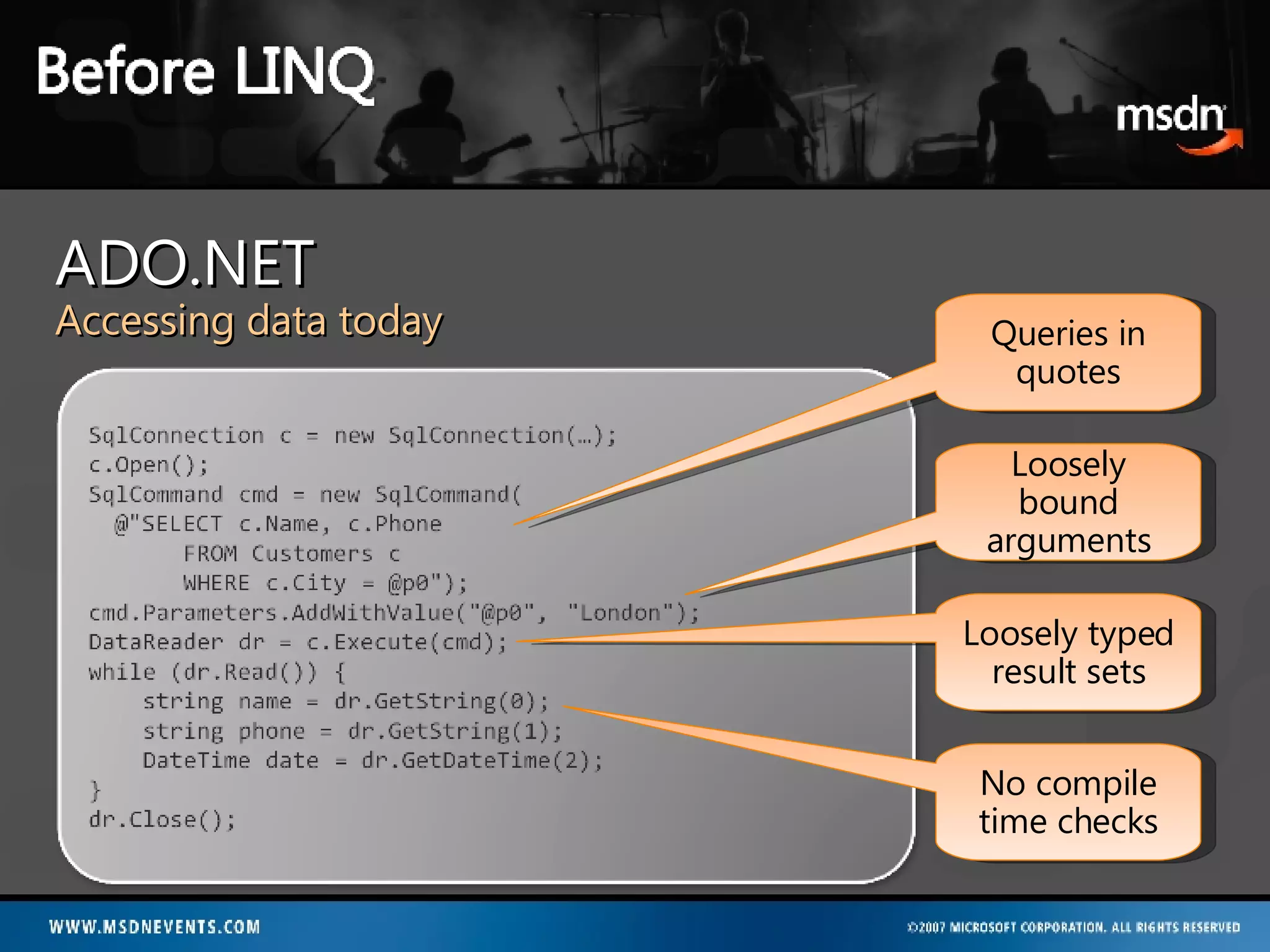 ADO.NET Accessing data today Queries in quotes Loosely bound arguments Loosely typed result sets No compile time checks 