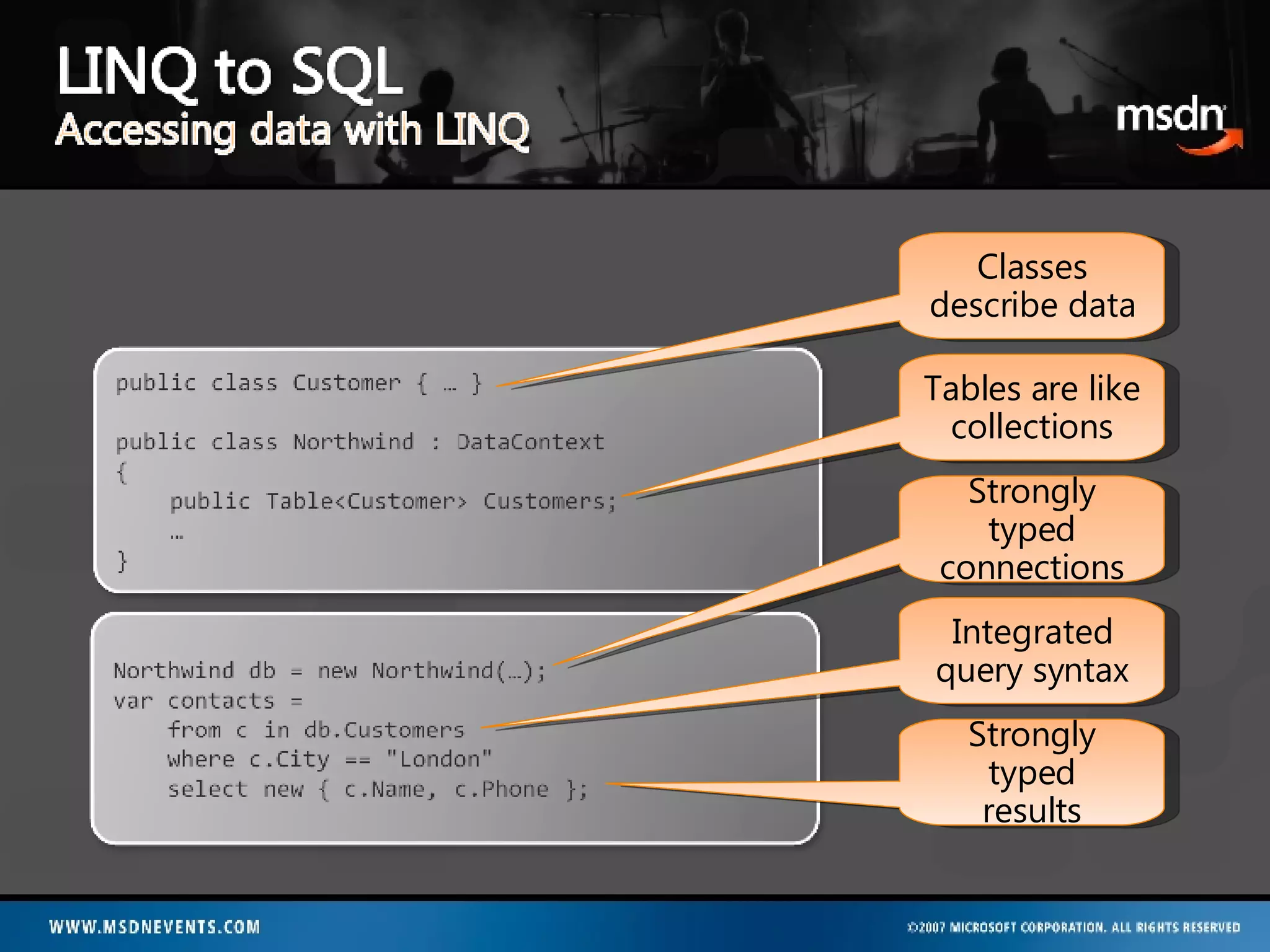 Classes describe data Tables are like collections Strongly typed connections Integrated query syntax Strongly typed results 