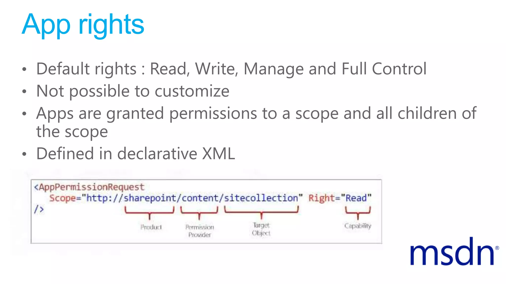 App rights
• Default rights : Read, Write, Manage and Full Control
• Not possible to customize
• Apps are granted permissions to a scope and all children of
the scope
• Defined in declarative XML
 