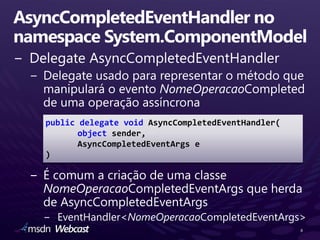 public delegate void AsyncCompletedEventHandler(
       object sender,
       AsyncCompletedEventArgs e
)




                                                   8
 