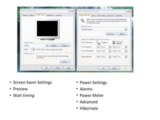 Screen Saver Settings Preview Wait timing Power Settings Alarms Power Meter Advanced Hibernate 