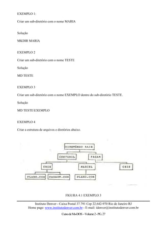 EXEMPLO 1:

Criar um sub-diretório com o nome MARIA


Solução

MKDIR MARIA


EXEMPLO 2

Criar um sub-diretório com o nome TESTE

Solução

MD TESTE


EXEMPLO 3

Criar um sub-diretório com o nome EXEMPLO dentro do sub-diretório TESTE.

Solução

MD TESTEEXEMPLO


EXEMPLO 4

Criar a estrutura de arquivos e diretórios abaixo.




                                      FIGURA 4.1 EXEMPLO 3

             Instituto Denver - Caixa Postal 37.791 Cep 22.642-970 Rio de Janeiro RJ
          Home page: www.institutodenver.com.br - E-mail: idenver@institutodenver.com.br
                                  Curso de Ms-DOS - Volume 2 - PG. 27
 