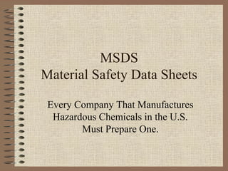 MSDS
Material Safety Data Sheets

 Every Company That Manufactures
  Hazardous Chemicals in the U.S.
        Must Prepare One.