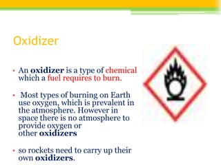 Oxidizer
• An oxidizer is a type of chemical
which a fuel requires to burn.
• Most types of burning on Earth
use oxygen, which is prevalent in
the atmosphere. However in
space there is no atmosphere to
provide oxygen or
other oxidizers
• so rockets need to carry up their
own oxidizers.
 