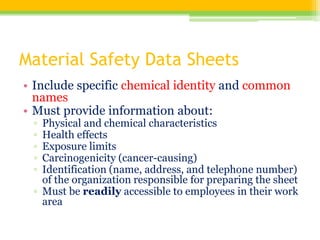 Material Safety Data Sheets
• Include specific chemical identity and common
names
• Must provide information about:
▫ Physical and chemical characteristics
▫ Health effects
▫ Exposure limits
▫ Carcinogenicity (cancer-causing)
▫ Identification (name, address, and telephone number)
of the organization responsible for preparing the sheet
▫ Must be readily accessible to employees in their work
area
 