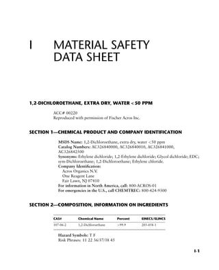 I MATERIAL SAFETY
DATA SHEET
1,2-DICHLOROETHANE, EXTRA DRY, WATER < 50 PPM
ACC# 00220
Reproduced with permission of Fischer Acros Inc.
SECTION 1—CHEMICAL PRODUCT AND COMPANY IDENTIFICATION
MSDS Name: 1,2-Dichloroethane, extra dry, water <50 ppm
Catalog Numbers: AC326840000, AC326840010, AC326841000,
AC326842500
Synonyms: Ethylene dichloride; 1,2-Ethylene dichloride; Glycol dichloride; EDC;
sym-Dichloroethane; 1,2-Dichloroethane; Ethylene chloride.
Company Identification:
Acros Organics N.V.
One Reagent Lane
Fair Lawn, NJ 07410
For information in North America, call: 800-ACROS-01
For emergencies in the U.S., call CHEMTREC: 800-424-9300
SECTION 2—COMPOSITION, INFORMATION ON INGREDIENTS
CAS# Chemical Name Percent EINECS/ELINCS
107-06-2 1,2-Dichloroethane >99.9 203-458-1
Hazard Symbols: T F
Risk Phrases: 11 22 36/37/38 45
I-1
 