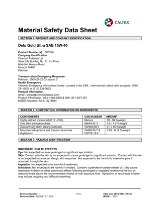 _____________________________________________________________________
Revision Number: 1
Revision Date: AUGUST 27, 2012
1 of 6 Delo Gold Ultra SAE 15W-40
MSDS : 32371
Material Safety Data Sheet
SECTION 1 PRODUCT AND COMPANY IDENTIFICATION
Delo Gold Ultra SAE 15W-40
Product Number(s): 500574
Company Identification
Chevron Pakistan Ltd
State Life Building No. 11, 1st Floor
Abdullah Haroon Road
Karachi 74400
Pakistan
Transportation Emergency Response
Pakistan: 0800-21-22-33, opcao 2
Health Emergency
Chevron Emergency Information Center: Located in the USA. International collect calls accepted. (800)
231-0623 or (510) 231-0623
Product Information
email : yhrizvi@chevrontexaco.com
Product Information: 92-21-565-2930 & 568-1371 EXT 257
MSDS Requests: 92-21-5215644
SECTION 2 COMPOSITION/ INFORMATION ON INGREDIENTS
COMPONENTS CAS NUMBER AMOUNT
Highly refined mineral oil (C15 - C50) Mixture 70 - 99 %weight
Zinc alkyl dithiophosphate 68649-42-3 0.5 - 1.5 %weight
Calcium long chain alkaryl sulfonate 722503-69-7 0 - 0.75 %weight
Branched alkylphenol and Calcium branched
alkylphenol
74499-35-7 &
132752-19-3
0.05 - 0.15 %weight
SECTION 3 HAZARDS IDENTIFICATION
IMMEDIATE HEALTH EFFECTS
Eye: Not expected to cause prolonged or significant eye irritation.
Skin: Contact with the skin is not expected to cause prolonged or significant irritation. Contact with the skin
is not expected to cause an allergic skin response. Not expected to be harmful to internal organs if
absorbed through the skin.
Ingestion: Not expected to be harmful if swallowed.
Inhalation: Not expected to be harmful if inhaled. Contains a petroleum-based mineral oil. May cause
respiratory irritation or other pulmonary effects following prolonged or repeated inhalation of oil mist at
airborne levels above the recommended mineral oil mist exposure limit. Symptoms of respiratory irritation
may include coughing and difficulty breathing.
 