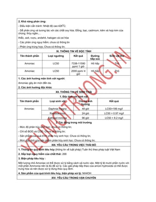 2. Khả năng phản ứng:
- Điều kiện cần tránh: Nhiệt độ cao:426
0
C;
- Dễ phản ứng và tương tác với các chất oxy hóa; Đồng, bạc, cadmium, kẽm và hợp kim của
chúng; thủy ngân,…
thiếc, axit, rượu, andehit, halogen và oxi hóa
- Các phản ứng nguy hiểm; chưa có thông tin
- Phản ứng trùng hợp; Chưa có thông tin;
XI. THÔNG TIN VỀ ĐỘC TÍNH
Tên thành phần Loại ngƣỡng Kết quả Đƣờng
tiếp xúc
Sinh vật thử
Amoniac LC50 7338-11590
ppm/ 1 giờ
Hô hấp Thỏ
Amoniac LC50 2000 ppm/ 4
giờ
Hô hấp Thỏ
1. Các ảnh hƣởng mãn tính với ngƣời:
Amoniac gây ăn mòn đến da.
2. Các ảnh hƣởng độc khác
XII. THÔNG TIN VỀ SINH THÁI
1. Độc tính với sinh vật
Tên thành phần Loại sinh vật Chu kỳ ảnh
hƣởng
Kết quả
Amoniac Daphnia magna 48 giờ LC50=189 mg/l
Rainbow trout 24 giờ LC50 = 0.97 mg/l
Fathead minnow 96 giờ LC50 = 8.2 mg/l
2. Tác động trong môi trƣờng
- Mức độ phân hủy sinh học: chưa có thông tin;
- Chỉ số BOD và COD: Chưa có thông tin;
- Sản phẩm của quá trình phân hủy sinh học: Chưa có thông tin;
- Mức độc tính của sản phẩm phân hủy sinh học: Chưa có thông tin;
XIII. YÊU CẦU TRONG VIỆC THẢI BỎ
1. Thông tin quy định tiêu hủy (thông tin về luật pháp) Tuân thủ theo pháp luật Việt Nam
2. Xếp loại nguy hiểm của chất thải: 268
3. Biện pháp tiêu hủy :
Một lượng nhỏ Amoniac có thể được xử lý bằng cách xả nước vào. Một tỷ lệ mười phần nước với
một phần Ammonia nên là đủ để xử lý. Các giải pháp tiếp theo của amoni hydroxide có thể được
trung hòa và nên được xử lý đúng theo quy định.
4. Sản phẩm của quá trình tiêu hủy, biện pháp xử lý: NH4OH
XIV. YÊU CẦU TRONG VẬN CHUYỂN
 