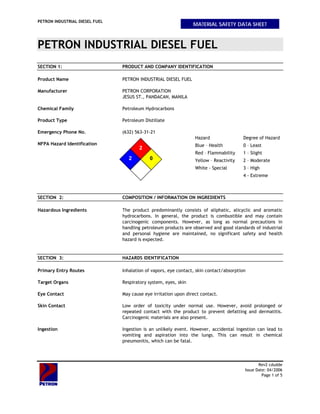 PETRON INDUSTRIAL DIESEL FUEL
Rev2 cdudde
Issue Date: 04/2006
Page 1 of 5
PETRON INDUSTRIAL DIESEL FUEL
SECTION 1: PRODUCT AND COMPANY IDENTIFICATION
Product Name PETRON INDUSTRIAL DIESEL FUEL
Manufacturer PETRON CORPORATION
JESUS ST., PANDACAN, MANILA
Chemical Family Petroleum Hydrocarbons
Product Type Petroleum Distillate
Emergency Phone No. (632) 563-31-21
NFPA Hazard Identification
SECTION 2: COMPOSITION / INFORMATION ON INGREDIENTS
Hazardous Ingredients The product predominantly consists of aliphatic, alicyclic and aromatic
hydrocarbons. In general, the product is combustible and may contain
carcinogenic components. However, as long as normal precautions in
handling petroleum products are observed and good standards of industrial
and personal hygiene are maintained, no significant safety and health
hazard is expected.
SECTION 3: HAZARDS IDENTIFICATION
Primary Entry Routes Inhalation of vapors, eye contact, skin contact/absorption
Target Organs Respiratory system, eyes, skin
Eye Contact May cause eye irritation upon direct contact.
Skin Contact Low order of toxicity under normal use. However, avoid prolonged or
repeated contact with the product to prevent defatting and dermatitis.
Carcinogenic materials are also present.
Ingestion Ingestion is an unlikely event. However, accidental ingestion can lead to
vomiting and aspiration into the lungs. This can result in chemical
pneumonitis, which can be fatal.
Hazard Degree of Hazard
Blue – Health 0 – Least
Red – Flammability 1 – Slight
Yellow – Reactivity 2 – Moderate
White - Special 3 – High
4 - Extreme
MATERIAL SAFETY DATA SHEET
2
2
0
 