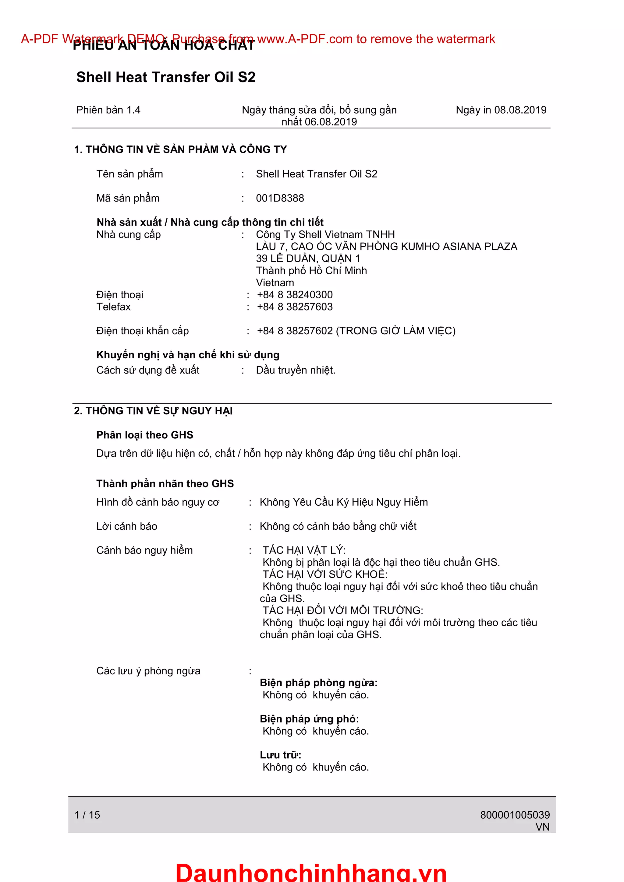 Shell Smds Msds Dầu Truyền Nhiệt Shell Heat Transfer Oil S2 | PDF