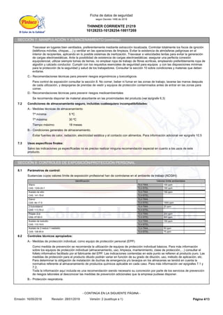 THINNER CORRIENTE 21219
10128253-10128254-10017269
Ficha de datos de seguridad
según Decreto 1496 de 2018
SECCIÓN 7: MANIPULACIÓN Y ALMACENAMIENTO (continúa)
Trasvasar en lugares bien ventilados, preferentemente mediante extracción localizada. Controlar totalmente los focos de ignición
(teléfonos móviles, chispas,…) y ventilar en las operaciones de limpieza. Evitar la existencia de atmósferas peligrosas en el
interior de recipientes, aplicando en lo posible sistemas de inertización. Trasvasar a velocidades lentas para evitar la generación
de cargas electroestáticas. Ante la posibilidad de existencia de cargas electroestáticas: asegurar una perfecta conexión
equipotencial, utilizar siempre tomas de tierras, no emplear ropa de trabajo de fibras acrílicas, empleando preferiblemente ropa de
algodón y calzado conductor. Cumplir con los requisitos esenciales de seguridad para equipos y con las disposiciones mínimas
para la protección de la seguridad y salud de los trabajadores. Consultar la sección 10 sobre condiciones y materias que deben
evitarse.
C.- Recomendaciones técnicas para prevenir riesgos ergonómicos y toxicológicos.
Para control de exposición consultar la sección 8. No comer, beber ni fumar en las zonas de trabajo; lavarse las manos después
de cada utilización, y despojarse de prendas de vestir y equipos de protección contaminados antes de entrar en las zonas para
comer.
D.- Recomendaciones técnicas para prevenir riesgos medioambientales
Se recomienda disponer de material absorbente en las proximidades del producto (ver epígrafe 6.3)
7.2 Condiciones de almacenamiento seguro, incluidas cualesquiera incompatibilidades:
A.- Medidas técnicas de almacenamiento
B.- Condiciones generales de almacenamiento.
Evitar fuentes de calor, radiación, electricidad estática y el contacto con alimentos. Para información adicional ver epígrafe 10.5
7.3 Usos específicos finales:
Salvo las indicaciones ya especificadas no es preciso realizar ninguna recomendación especial en cuanto a los usos de este
producto.
Tª mínima: 5 ºC
Tª máxima: 30 ºC
Tiempo máximo: 18 meses
SECCIÓN 8: CONTROLES DE EXPOSICIÓN/PROTECCIÓN PERSONAL
8.1 Parámetros de control:
Sustancias cuyos valores límite de exposición profesional han de controlarse en el ambiente de trabajo (ACGIH):
Identificación Valores límite ambientales
Xileno TLV-TWA 100 ppm
CAS: 1330-20-7 TLV-STEL 150 ppm
Acetato de etilo TLV-TWA 150 ppm
CAS: 141-78-6 TLV-STEL
Etanol TLV-TWA
CAS: 64-17-5 TLV-STEL 1000 ppm
2-butoxietanol TLV-TWA 20 ppm
CAS: 111-76-2 TLV-STEL
Propan-2-ol TLV-TWA 200 ppm
CAS: 67-63-0 TLV-STEL 400 ppm
Acetato de isobutilo TLV-TWA 150 ppm
CAS: 110-19-0 TLV-STEL
Acetato de 2-metoxi-1-metiletilo TLV-TWA 50 ppm
CAS: 108-65-6 TLV-STEL 75 ppm
8.2 Controles técnicos apropiados:
A.- Medidas de protección individual, como equipo de protección personal (EPP)
Como medida de prevención se recomienda la utilización de equipos de protección individual básicos. Para más información
sobre los equipos de protección individual (almacenamiento, uso, limpieza, mantenimiento, clase de protección,…) consultar el
folleto informativo facilitado por el fabricante del EPP. Las indicaciones contenidas en este punto se refieren al producto puro. Las
medidas de protección para el producto diluido podrán variar en función de su grado de dilución, uso, método de aplicación, etc.
Para determinar la obligación de instalación de duchas de emergencia y/o lavaojos en los almacenes se tendrá en cuenta la
normativa referente al almacenamiento de productos químicos aplicable en cada caso. Para más información ver epígrafes 7.1 y
7.2.
Toda la información aquí incluida es una recomendación siendo necesario su concreción por parte de los servicios de prevención
de riesgos laborales al desconocer las medidas de prevención adicionales que la empresa pudiese disponer.
B.- Protección respiratoria.
Página 4/13
Emisión: 16/05/2018 Revisión: 28/01/2019 Versión: 2 (sustituye a 1)
- CONTINÚA EN LA SIGUIENTE PÁGINA -
 
