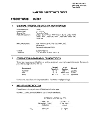 Doc. No. SRC-21-23
Rev. Date: 08/02/2011
Page 1 of 4
MATERIAL SAFETY DATA SHEET
PRODUCT NAME: UMBER
1. CHEMICAL PRODUCT AND COMPANY IDENTIFICATION
Product Identifier: Umber
CAS Number: 12713-03-0
General Use: Pigmenting Agent
Product Description: Umber, Burnt Umber NRO Brown, Burnt Umber NRO
Umber, Burnt Umber 3M, Burnt Umber CM, Umber RM,
Umber BK
MANUFACTURER: NEW RIVERSIDE OCHRE COMPANY, INC.
P.O. Box 460
Cartersville, Georgia 30120
Contact: Customer Service
Telephone: (770) 382-4568 or (800) 248-0176
2. COMPOSITION / INFORMATION ON INGREDIENTS
Umber is a manganese enriched form of goethite, a naturally occurring inorganic iron oxide. Components
present at levels greater than 1% are:
Component
Typical
Weight %
CAS
Number
Mineral
Fe(OH)O 62 - 76 1310-14-1 goethite
SiO2 15 - 20 14808-60-7 quartz
MnO2 4.0 - 8.0 1313-13-9 pyrolusite
Components present at <1% comprise less than 1% of total weight percentage.
3. HAZARDS IDENTIFICATION
Poses little or no immediate hazard. Not absorbed by the body.
OSHA HAZARDOUS COMPONENTS (29 CFR Part 1910.1200):
EXPOSURE LIMITS 8 Hrs. TWA
OSHA – PEL
RESPIRABLE DUST
(TABLE Z)
ACGIH TLV
TOTAL DUST
(2004)
SiO2 0.1 mg/m
3
0.1 mg/m
3
 