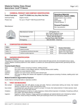 Material Safety Data Sheet Page 1 of 5
Material Name: VisiJet
®
FTI Material
MSDS • VisiJet®
FTI • 340700-S02-00-A ENGLISH • US
I. CHEMICAL PRODUCT AND COMPANY IDENTIFICATION
Product/Trade Name: VisiJet
®
FTI (ZOOM, Ivory, Gray, Black, Red, Blue)
Chemical Family: Organic mixture
Product Use: For use in: ProJet™ 1500 Personal 3D Printer
Manufacturer:
Manufacturer Contact 3D Systems, Inc.
333 Three D Systems Circle
Rock Hill, SC 29730 U.S.A.
For Information Phone: 803.326.3900 or
Toll-free Phone: 800.793.3669
Emergency 800.424.9300 - Chemtrec
II. COMPOSITION INFORMATION
CAS # Component Percent
5888-33-5 Isobornyl acrylate 15-25
42594-17-2 Tricyclodecane dimethanol diacrylate 34-50
proprietary Urethane acrylate oligomers 30-40
III. HAZARDS IDENTIFICATION
Emergency Overview
This product is irritating to the eyes, respiratory tract and skin. Avoid contact with eyes and skin. Do not breathe fumes or spray.
Inhibitor depletion caused by exposure to heat, radiation or oxidizers can cause spontaneous polymerization generating heat and
pressure.
Potential Health Effects:
Eyes: Can cause irritation consisting of redness, swelling and pain.
Skin: Can cause irritation or other allergic reactions, including redness and/or swelling.
Inhalation: Inhalation can cause respiratory irritation.
Ingestion: Ingestion can cause nausea, diarrhea and/or stomach pain.
Chronic: Can cause an allergic skin reaction with repeated or prolonged exposure consisting of redness, swelling and/or rash
(urticaria).
Medical Conditions Aggravated by Exposure
Could irritate an existing dermatitis or respiratory condition.
IV. FIRST AID MEASURES
Skin contact: Immediately flush skin with plenty of soap and water. Remove contaminated clothing and shoes. Get medical
attention if symptoms occur. Wash clothing before reuse.
Eye contact: Immediately flush eyes with plenty of water for at least 15 minutes. Get medical attention if irritation persists. Avoid
exposure to UV and other light sources.
Inhalation: Move affected person to fresh air. In case of asphyxia, initiate artificial respiration immediately. If breathing is difficult,
give oxygen. Get medical attention immediately.
Ingestion: Ingestion is unlikely. However, if large quantities are swallowed, get medical attention and, if directed by medical
personnel, induce vomiting immediately. Never give anything by mouth to an unconscious person.
Hazardous Materials
Identification System (HMIS):
(Degree of hazard: 0 = low, 4 = extreme);
Health 2
Flammability 1
Physical Hazards 1
Personal Protection:
Skin, eye protection
Product Information
This product is considered to
be an irritant according to
29CFR 1910.1200 (Hazard
Communication Standard).
 