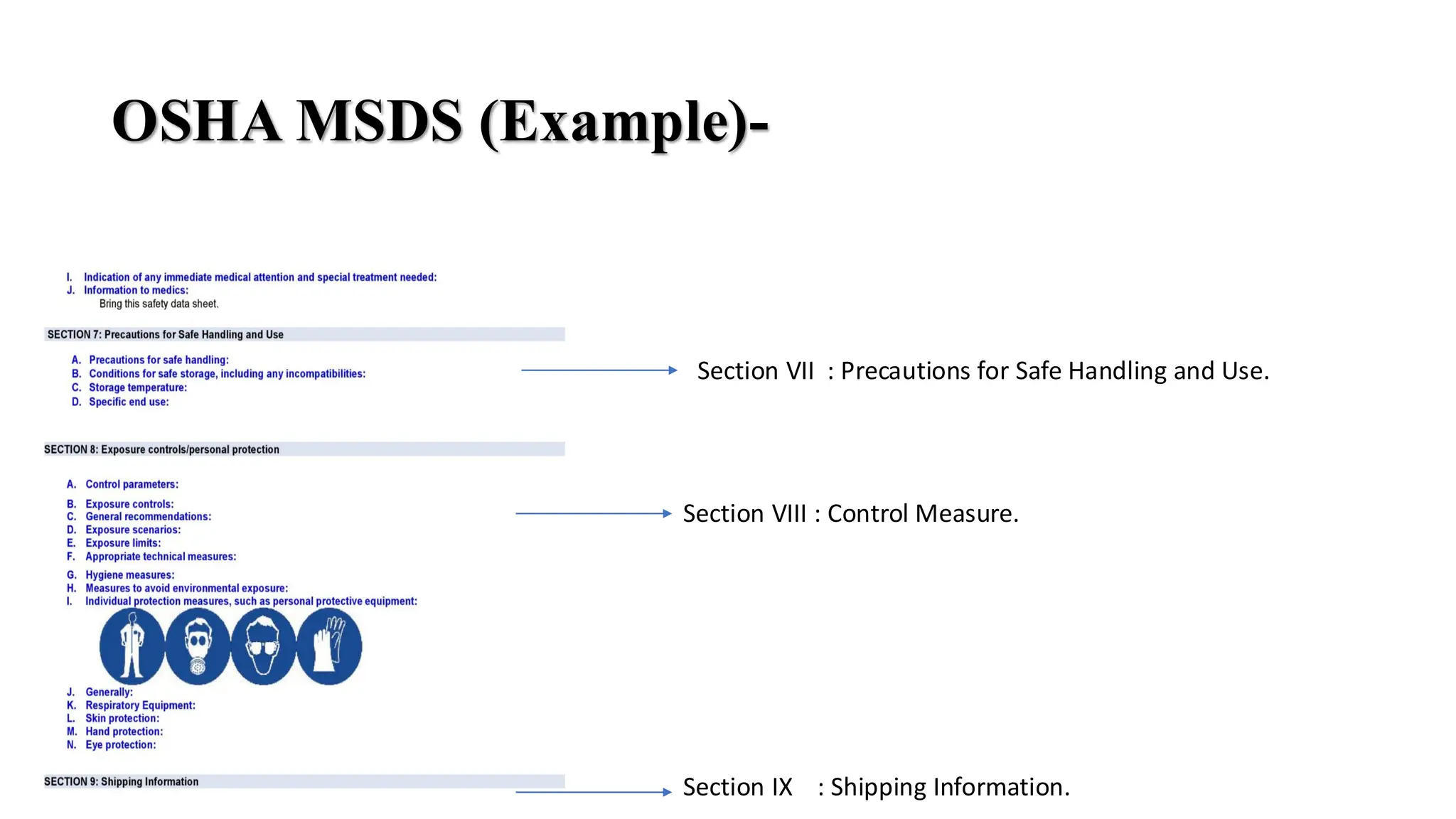 Section VII : Precautions for Safe Handling and Use.
Section VIII : Control Measure.
Section IX : Shipping Information.
OSHA MSDS (Example)-
 