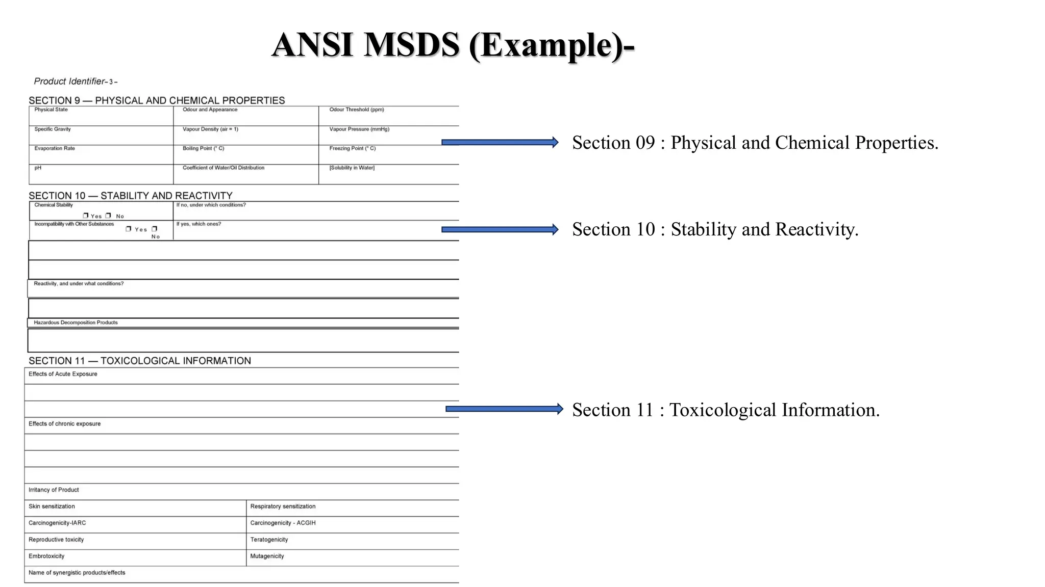 Section 09 : Physical and Chemical Properties.
Section 10 : Stability and Reactivity.
Section 11 : Toxicological Information.
ANSI MSDS (Example)-
 