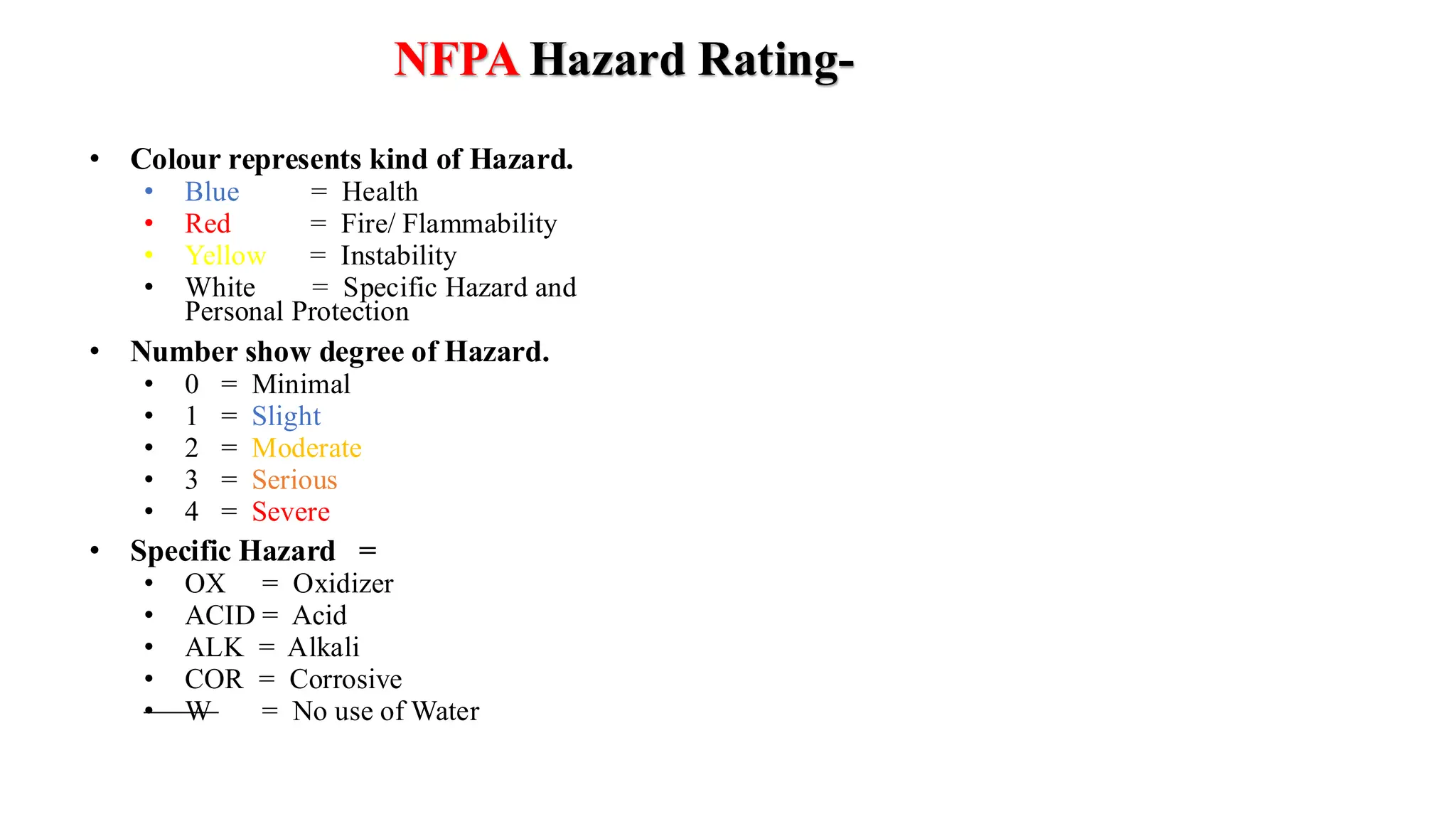 • Colour represents kind of Hazard.
• Blue = Health
• Red = Fire/ Flammability
• Yellow = Instability
• White = Specific Hazard and
Personal Protection
• Number show degree of Hazard.
• 0 = Minimal
• 1 = Slight
• 2 = Moderate
• 3 = Serious
• 4 = Severe
• Specific Hazard =
• OX = Oxidizer
• ACID = Acid
• ALK = Alkali
• COR = Corrosive
• W = No use of Water
NFPA Hazard Rating-
 