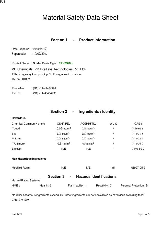 Msds solder paste VD2001G