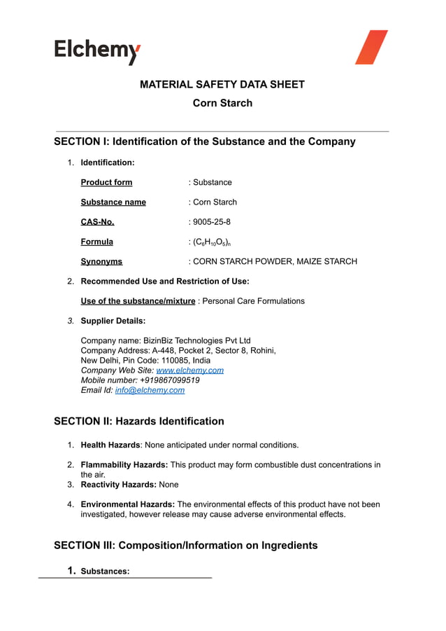 Corn Starch MSDS Elchemy PDF