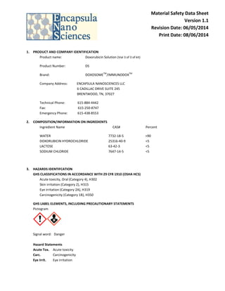 Material Safety Data Sheet
Version 1.1
Revision Date: 06/05/2014
Print Date: 08/06/2014
1. PRODUCT AND COMPANY IDENTIFICATION
Product name: Doxorubicin Solution (Vial 3 of 3 of kit)
Product Number: DS
Brand: DOXOSOME
TM
/IMMUNODOX
TM
Company Address: ENCAPSULA NANOSCIENCES LLC
6 CADILLAC DRIVE SUITE 245
BRENTWOOD, TN, 37027
Technical Phone: 615-884-4442
Fax: 615-250-8747
Emergency Phone: 615-438-8553
2. COMPOSITION/INFORMATION ON INGREDIENTS
Ingredient Name CAS# Percent
WATER 7732-18-5 >90
DOXORUBICIN HYDROCHLORIDE 25316-40-9 <5
LACTOSE 63-42-3 <5
SODIUM CHLORIDE 7647-14-5 <5
3. HAZARDS IDENTIFCATION
GHS CLASSIFICATIONS IN ACCORDANCE WITH 29 CFR 1910 (OSHA HCS)
Acute toxicity, Oral (Category 4), H302
Skin irritation (Category 2), H315
Eye irritation (Category 2A), H319
Carcinogenicity (Category 1B), H350
GHS LABEL ELEMENTS, INCLUDING PRECAUTIONARY STATEMENTS
Pictogram
Signal word: Danger
Hazard Statements
Acute Tox. Acute toxicity
Carc. Carcinogenicity
Eye Irrit. Eye irritation
 