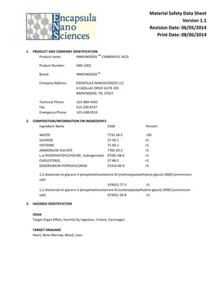 Material Safety Data Sheet
Version 1.1
Revision Date: 06/05/2014
Print Date: 08/06/2014
1. PRODUCT AND COMPANY IDENTIFICATION
Product name: IMMUNODOX
TM
-CARBOXYLIC ACID
Product Number: IMD-1002
Brand: IMMUNODOXTM
Company Address: ENCAPSULA NANOSCIENCES LLC
6 CADILLAC DRIVE SUITE 245
BRENTWOOD, TN, 37027
Technical Phone: 615-884-4442
Fax: 615-250-8747
Emergency Phone: 615-438-8553
2. COMPOSITION/INFORMATION ON INGREDIENTS
Ingredient Name CAS# Percent
WATER 7732-18-5 >90
SUCROSE 57-50-1 <5
HISTIDINE 71-00-1 <5
AMMONIUM SULFATE 7783-20-2 <5
L-α-PHOSPHATIDYLCHOLINE, hydrogenated 97281-48-6 <5
CHOLESTEROL 57-88-5 <5
DOXORUBICIN HYDROCHLORIDE 25316-40-9 <5
1,2-distearoyl-sn-glycero-3-phosphoethanolamine-N-[methoxy(polyethylene glycol)-2000] (ammonium
salt)
474922-77-5 <5
1,2-distearoyl-sn-glycero-3-phosphoethanolamine-N-[carboxy(polyethylene glycol)-2000] (ammonium
salt) 474922-20-8 <5
3. HAZARDS IDENTIFCATION
OSHA
Target Organ Effect, Harmful by Ingestion, Irritant, Carcinogen
TARGET ORAGANS
Heart, Bone Marrow, Blood, Liver.
 