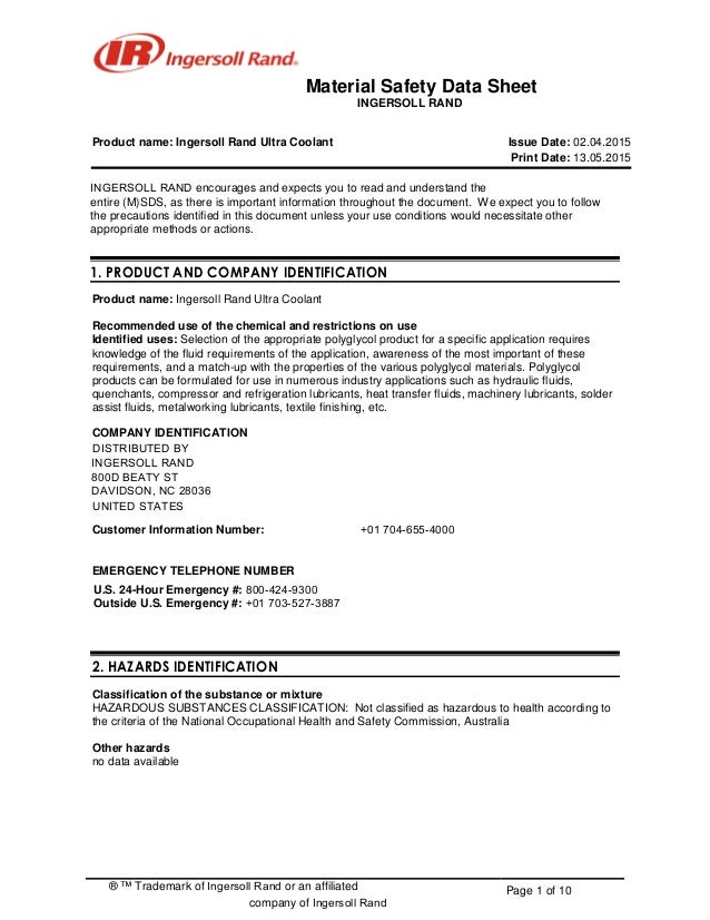 Msds ingersoll rand ultra coolant