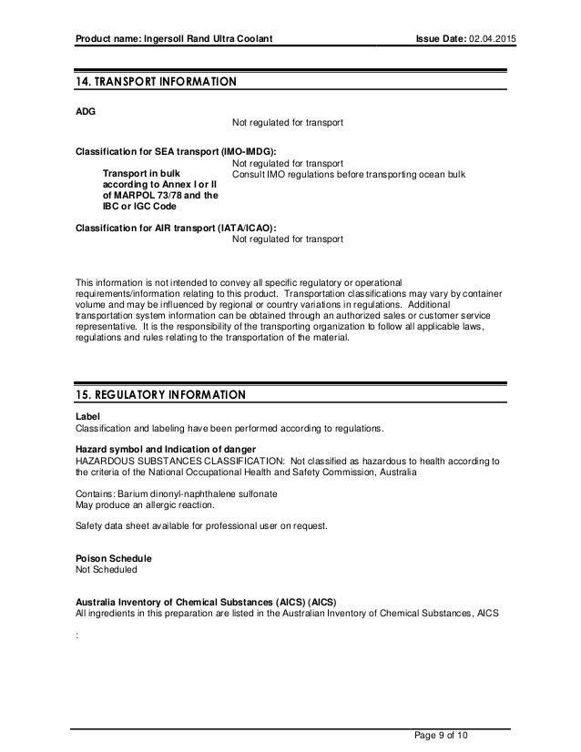 Msds ingersoll rand ultra coolant