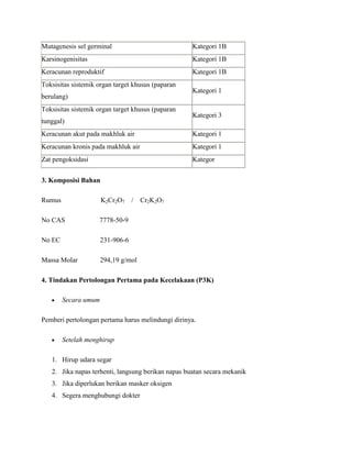 Mutagenesis sel germinal                            Kategori 1B
Karsinogenisitas                                    Kategori 1B
Keracunan reproduktif                               Kategori 1B
Toksisitas sistemik organ target khusus (paparan
                                                    Kategori 1
berulang)
Toksisitas sistemik organ target khusus (paparan
                                                    Kategori 3
tunggal)
Keracunan akut pada makhluk air                     Kategori 1
Keracunan kronis pada makhluk air                   Kategori 1
Zat pengoksidasi                                    Kategor


3. Komposisi Bahan

Rumus                 K2Cr2O7     / Cr2K2O7

No CAS              7778-50-9

No EC                 231-906-6

Massa Molar           294,19 g/mol

4. Tindakan Pertolongan Pertama pada Kecelakaan (P3K)

        Secara umum

Pemberi pertolongan pertama harus melindungi dirinya.

        Setelah menghirup

   1. Hirup udara segar
   2. Jika napas terhenti, langsung berikan napas buatan secara mekanik
   3. Jika diperlukan berikan masker oksigen
   4. Segera menghubungi dokter
 