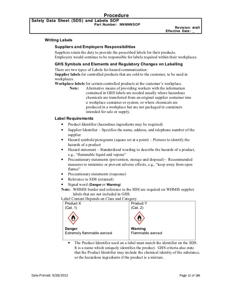MSDS SDS labelling SOP GHS of classification labelling of chem