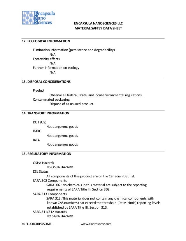MSDS for Mannosylated Fluorescent Liposome (mFluoroliposome)