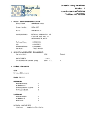 Material Safety Data Sheet 
Version 1.1 
Revision Date: 06/05/2014 
Print Date: 08/06/2014 
1. PRODUCT AND COMPANY IDENTIFICATION 
Product name: DERMA-MIX TM- Chol 
Product Number: DERM-3007 
Brand: DERMASOME TM 
Company Address: ENCAPSULA NANOSCIENCES LLC 
6 CADILLAC DRIVE SUITE 245 
BRENTWOOD, TN, 37027 
Technical Phone: 615-884-4442 
Fax: 615-250-8747 
Emergency Phone: 615-438-8553 
CHEMTREC: 1-800-424-9300 
2. COMPOSITION/INFORMATION ON INGREDIENTS 
Ingredient Name CAS# Percent 
CHOLESTEROL 57-88-5 
L-α-PHOSPHATIDYLCHOLINE, (95%) 97281-47-5 <5 
3. HAZARDS IDENTIFCATION 
OSHA 
No known OSHA hazards 
ENIECS: 200-353-2 
HMIS RATING 
HEALTH HAZARDS: 1 
FLAMMABILITY: 1 
CHRONIC HEALTH HAZARDS: * 
PHYSICAL HAZARDS: 0 
NFPA RATING 
HEALTH HAZARD: 1 
FLAMMABILTY: 0 
REACTIVITY: 0 
POTENTIAL HEALTH EFFECTS 
Inhalation May be harmful if inhaled. 
 