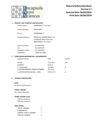 Material Safety Data Sheet 
Version 1.1 
Revision Date: 06/05/2014 
Print Date: 08/06/2014 
1. PRODUCT AND COMPANY IDENTIFICATION 
Product name: DERMASOME TM- Res (NE) 
Product Number: DERM-2009 
Brand: DERMASOME TM 
Company Address: ENCAPSULA NANOSCIENCES LLC 
6 CADILLAC DRIVE SUITE 245 
BRENTWOOD, TN, 37027 
Technical Phone: 615-884-4442 
Fax: 615-250-8747 
Emergency Phone: 615-438-8553 
CHEMTREC: 1-800-424-9300 
2. COMPOSITION/INFORMATION ON INGREDIENTS 
Ingredient Name CAS# Percent 
WATER 7732-18-5 >90 
GLYCERIN 56-81-5 
1, 3 Butanediol 107-88-0 <5 
3,5,4-TRIHYHROXY-TRANS-STILBENE 501-36-0 
L-α-PHOSPHATIDYLCHOLINE, (95%) 97281-47-5 <5 
3. HAZARDS IDENTIFCATION 
OSHA 
No known OSHA hazards 
TARGET ORGANS 
Skin, Respiratory, Eyes 
WHMIS HAZARD CLASS 
D1B toxic materials 
D2B toxic materials 
HMIS RATING 
HEALTH HAZARDS: 1 
FLAMMABILITY: 1 
CHRONIC HEALTH HAZARDS: * 
PHYSICAL HAZARDS: 0 
 