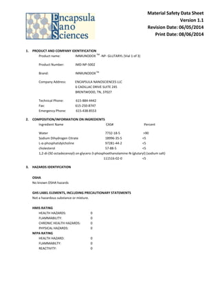 Material Safety Data Sheet
Version 1.1
Revision Date: 06/05/2014
Print Date: 08/06/2014
1. PRODUCT AND COMPANY IDENTIFICATION
Product name: IMMUNODOX
TM
-NP- GLUTARYL (Vial 1 of 3)
Product Number: IMD-NP-5002
Brand: IMMUNODOXTM
Company Address: ENCAPSULA NANOSCIENCES LLC
6 CADILLAC DRIVE SUITE 245
BRENTWOOD, TN, 37027
Technical Phone: 615-884-4442
Fax: 615-250-8747
Emergency Phone: 615-438-8553
2. COMPOSITION/INFORMATION ON INGREDIENTS
Ingredient Name CAS# Percent
Water 7732-18-5 >90
Sodium Dihydrogen Citrate 18996-35-5 <5
L-α-phosphatidylcholine 97281-44-2 <5
cholesterol 57-88-5 <5
1,2-di-(9Z-octadecenoyl)-sn-glycero-3-phosphoethanolamine-N-(glutaryl) (sodium salt)
111516-02-0 <5
3. HAZARDS IDENTIFCATION
OSHA
No known OSHA hazards
GHS LABEL ELEMENTS, INCLUDING PRECAUTIONARY STATEMENTS
Not a hazardous substance or mixture.
HMIS RATING
HEALTH HAZARDS: 0
FLAMMABILITY: 0
CHRONIC HEALTH HAZARDS: 0
PHYSICAL HAZARDS: 0
NFPA RATING
HEALTH HAZARD: 0
FLAMMABILTY: 0
REACTIVITY: 0
 