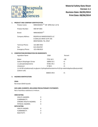 Material Safety Data Sheet
Version 1.1
Revision Date: 06/05/2014
Print Date: 08/06/2014
1. PRODUCT AND COMPANY IDENTIFICATION
Product name: IMMUNODOX
TM
-NP- MPB (Vial 1 of 3)
Product Number: IMD-NP-5001
Brand: IMMUNODOXTM
Company Address: ENCAPSULA NANOSCIENCES LLC
6 CADILLAC DRIVE SUITE 245
BRENTWOOD, TN, 37027
Technical Phone: 615-884-4442
Fax: 615-250-8747
Emergency Phone: 615-438-8553
2. COMPOSITION/INFORMATION ON INGREDIENTS
Ingredient Name CAS# Percent
Water 7732-18-5 >90
Sodium Dihydrogen Citrate 18996-35-5 <5
L-α-phosphatidylcholine 97281-44-2 <5
cholesterol 57-88-5 <5
1,2-di-(9Z-octadecenoyl)-sn-glycero-3-phosphoethanolamine-N-[4-(p-maleimidophenyl)butyramide]
(sodium salt)
384835-49-8 <5
3. HAZARDS IDENTIFCATION
OSHA
No known OSHA hazards
GHS LABEL ELEMENTS, INCLUDING PRECAUTIONARY STATEMENTS
Not a hazardous substance or mixture.
HMIS RATING
HEALTH HAZARDS: 0
FLAMMABILITY: 0
CHRONIC HEALTH HAZARDS: 0
PHYSICAL HAZARDS: 0
NFPA RATING
HEALTH HAZARD: 0
FLAMMABILTY: 0
REACTIVITY: 0
 