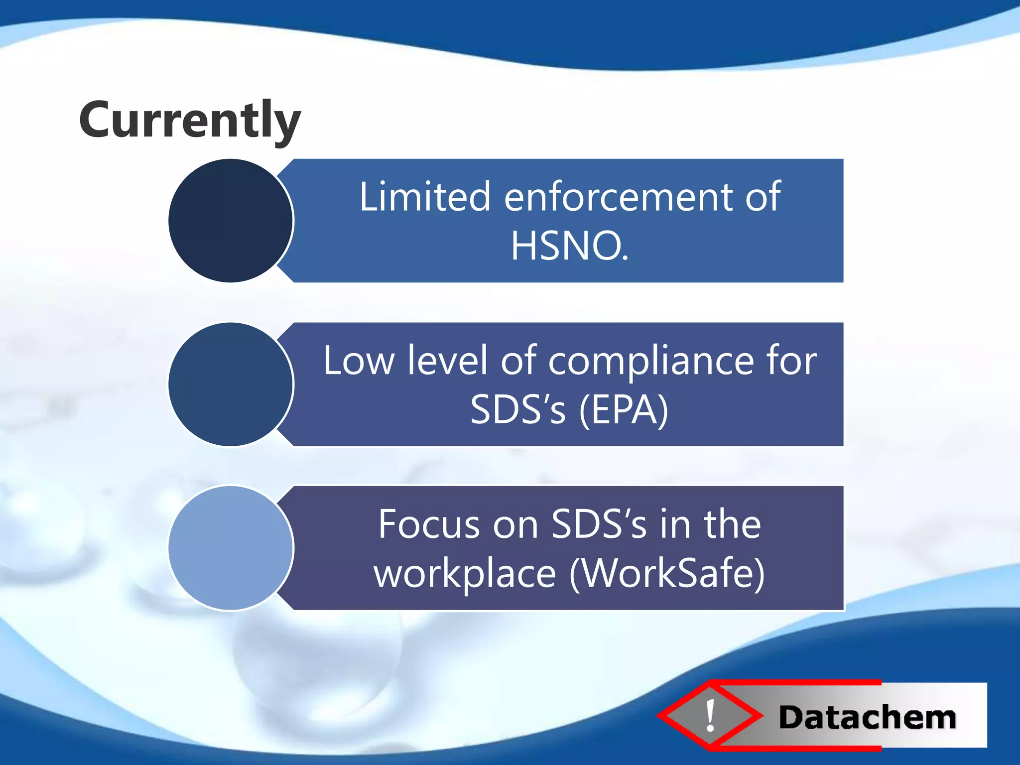 Currently 
Limited enforcement of 
HSNO. 
Low level of compliance for 
SDS’s (EPA) 
Focus on SDS’s in the 
workplace (WorkSafe) 
 