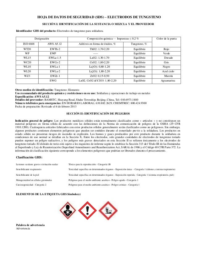 Msds tungsteno toriado