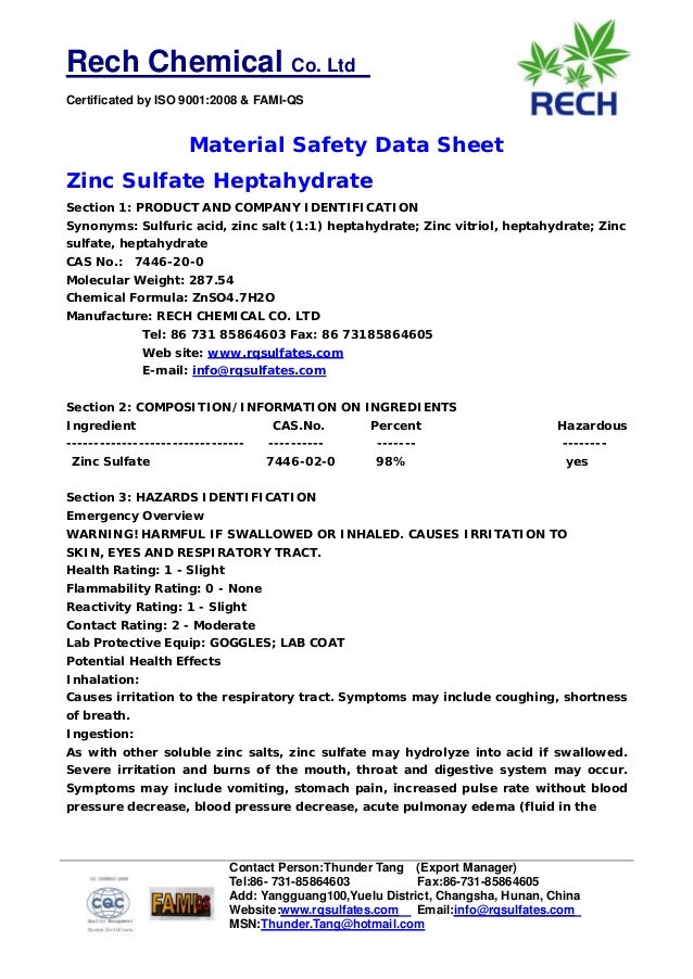 MSDS Of Zinc Sulfate HeptahydrateRech Chemical Co.Ltd