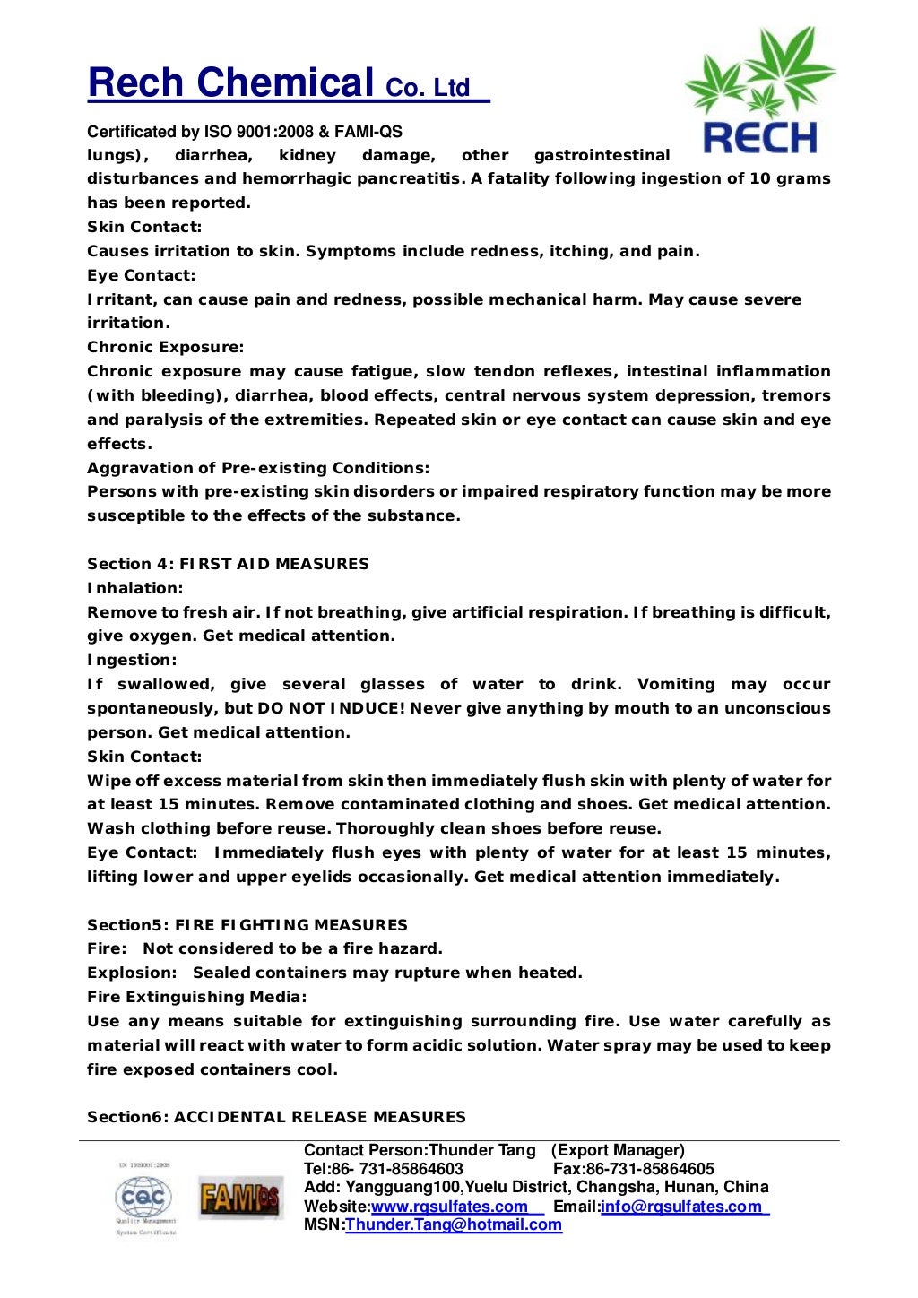 MSDS Of Zinc Sulfate HeptahydrateRech Chemical Co.Ltd