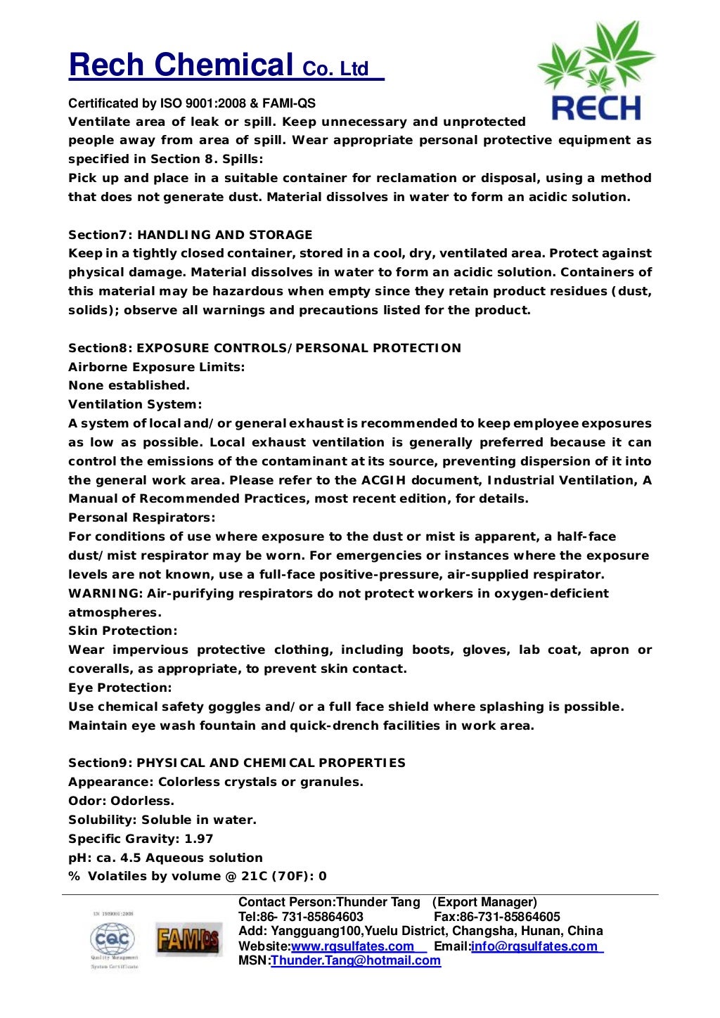 MSDS Of Zinc Sulfate HeptahydrateRech Chemical Co.Ltd