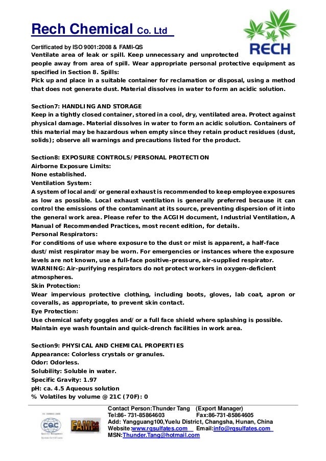 MSDS Of Zinc Sulfate HeptahydrateRech Chemical Co.Ltd