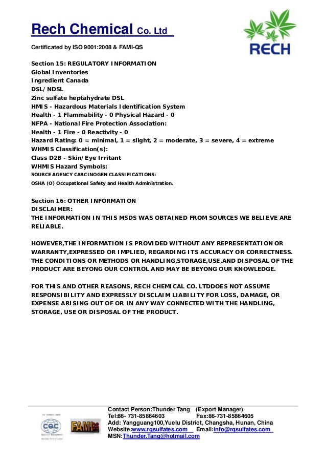 MSDS Of Zinc Sulfate HeptahydrateRech Chemical Co.Ltd