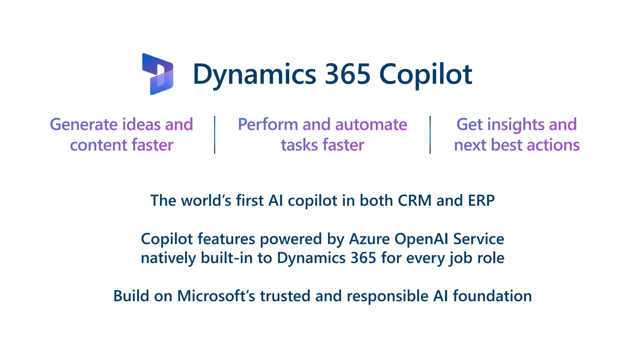 Dynamics 365 Copilot
Copilot features powered by Azure OpenAI Service
natively built-in to Dynamics 365 for every job role
The world’s first AI copilot in both CRM and ERP
Build on Microsoft’s trusted and responsible AI foundation
Generate ideas and
content faster
Perform and automate
tasks faster
Get insights and
next best actions
 