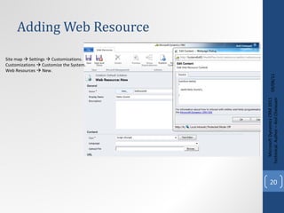 Adding Web Resource 09/08/11 Microsoft Dynamics CRM 2011 Techinical. Author – Anil Chelasani Site map    Settings    Customizations. Customizations    Customize the System. Web Resources    New. 