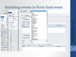 Attaching events in Form load event 09/08/11 Microsoft Dynamics CRM 2011 Techinical. Author – Anil Chelasani 